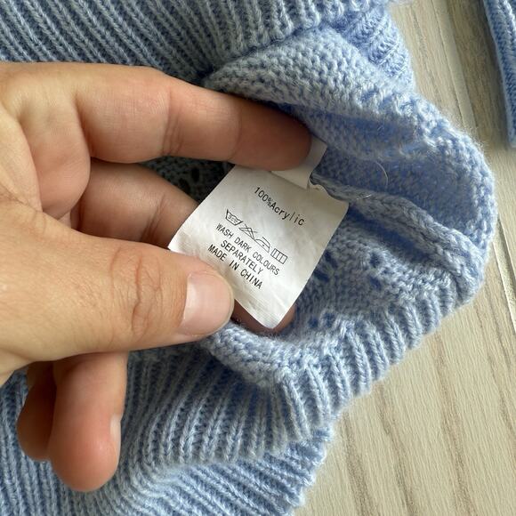 Light Blue Open Knit V-Neck Ribbed Hem Acrylic Sweater Top – Size Large - Picture 4 of 5